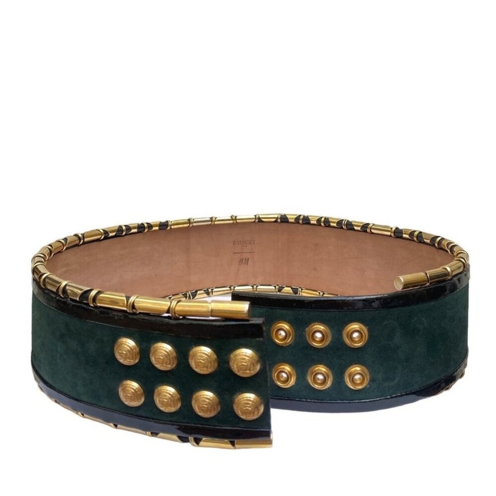 Balmain Dark Green Suede Belt with Gold Hardware